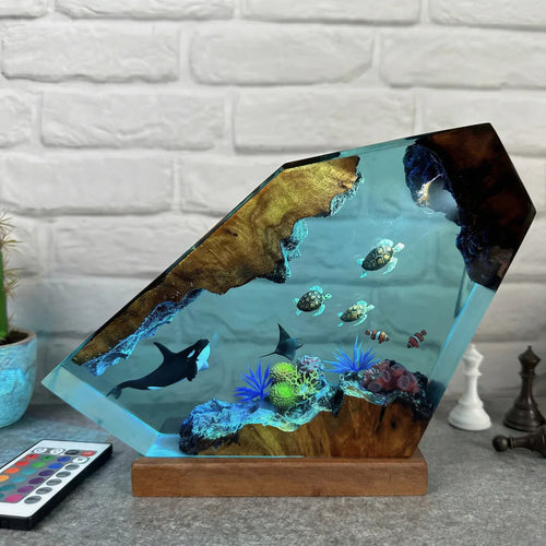 Orca, Turtle, Fish and Mantra Resin Lamp