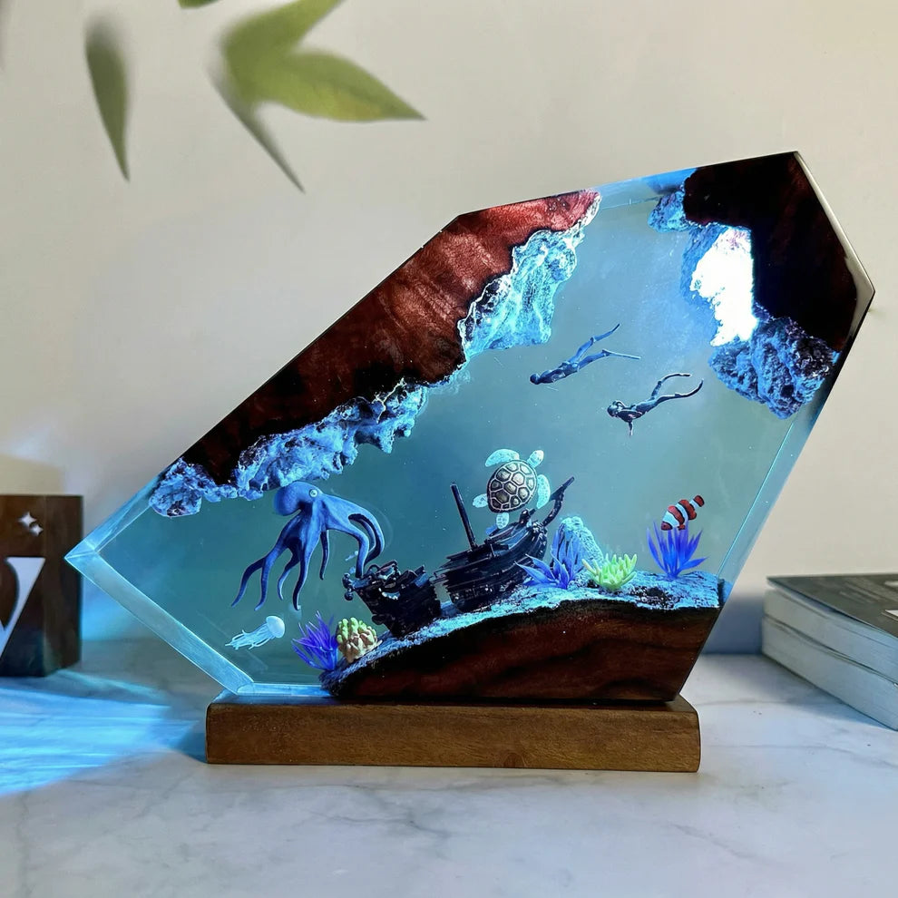 Large Octopus, Turtle and Divers Resin Lamp