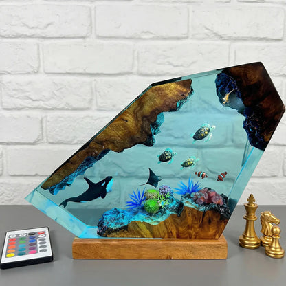 Orca, Turtle, Fish and Mantra Resin Lamp